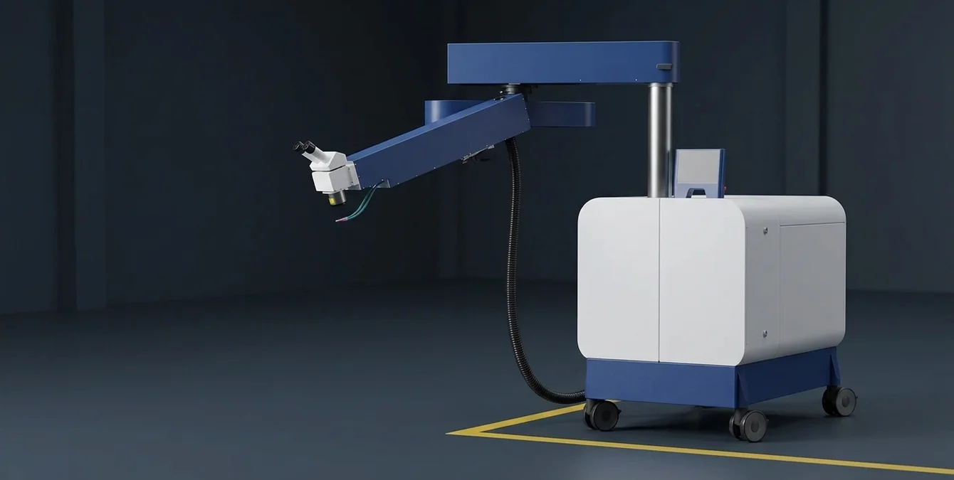 Sirius Light mobile laser welding machine securely positioned with locked castor wheels in a dark workshop, yellow floor marking line visible Sirius Light mobile laser welding machine securely positioned with locked castor wheels in a dark workshop, yellow floor marking line visible