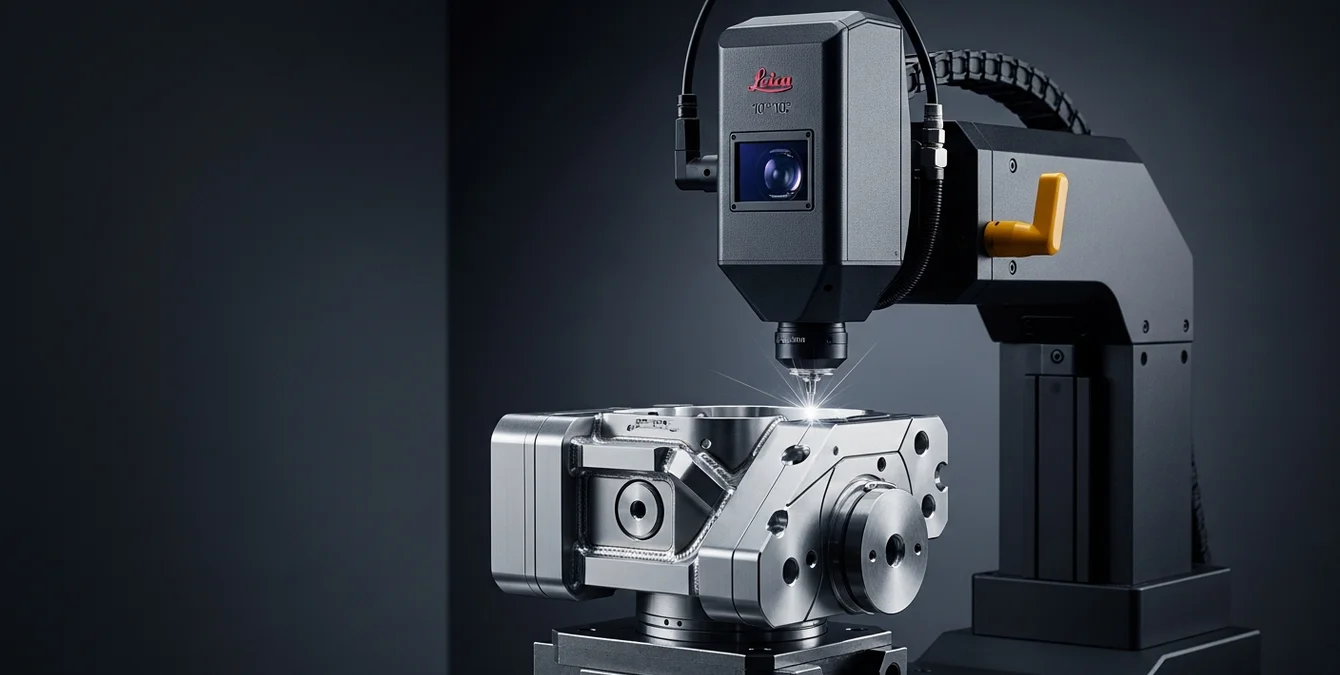 Mobile Laserschweißanlage mit Leica-Optik und präzisem Werkstück im Spannvorrichtung im Industriearbeitsbereich Mobile Laserschweißanlage mit Leica-Optik und präzisem Werkstück im Spannvorrichtung im Industriearbeitsbereich