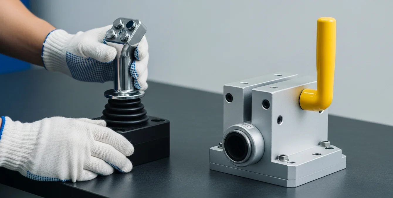 Technician hands operating joystick controller next to polished metal fixture during system recommissioning Technician hands operating joystick controller next to polished metal fixture during system recommissioning