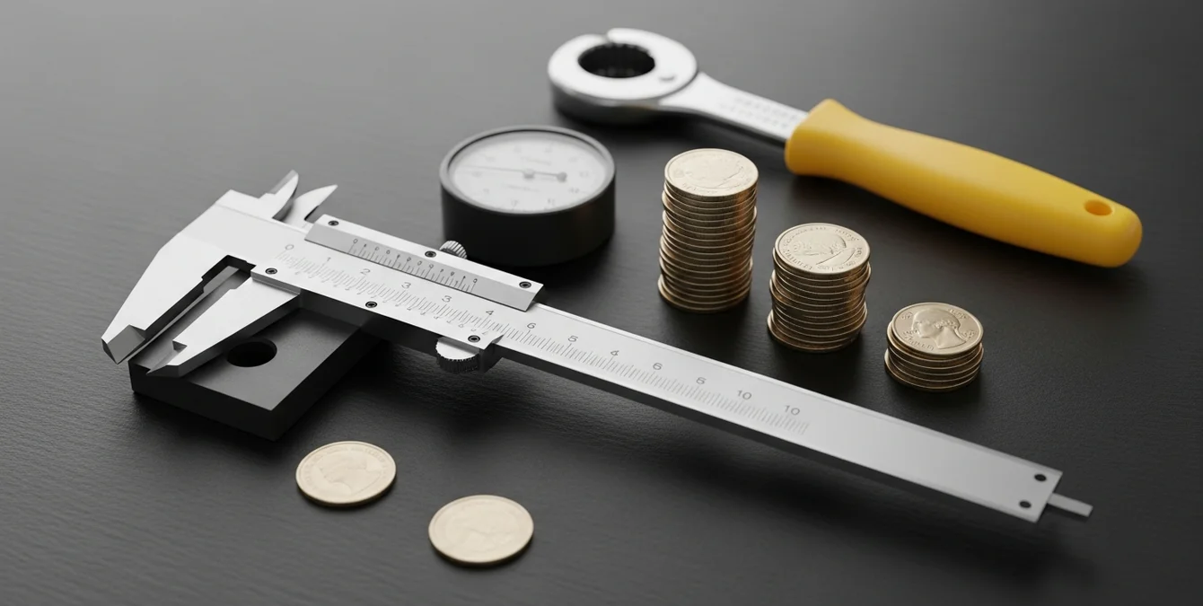 Symbolische Darstellung von Servicebewertung mit Messschieber, Münzstapel und gelbem Werkzeuggriff auf dunklem Hintergrund Symbolische Darstellung von Servicebewertung mit Messschieber, Münzstapel und gelbem Werkzeuggriff auf dunklem Hintergrund