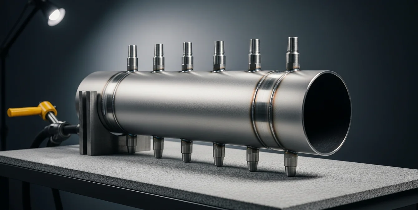 Polished stainless steel pipe with orbital weld and uniform argon gas nozzles positioned around circumference on granite table Polished stainless steel pipe with orbital weld and uniform argon gas nozzles positioned around circumference on granite table