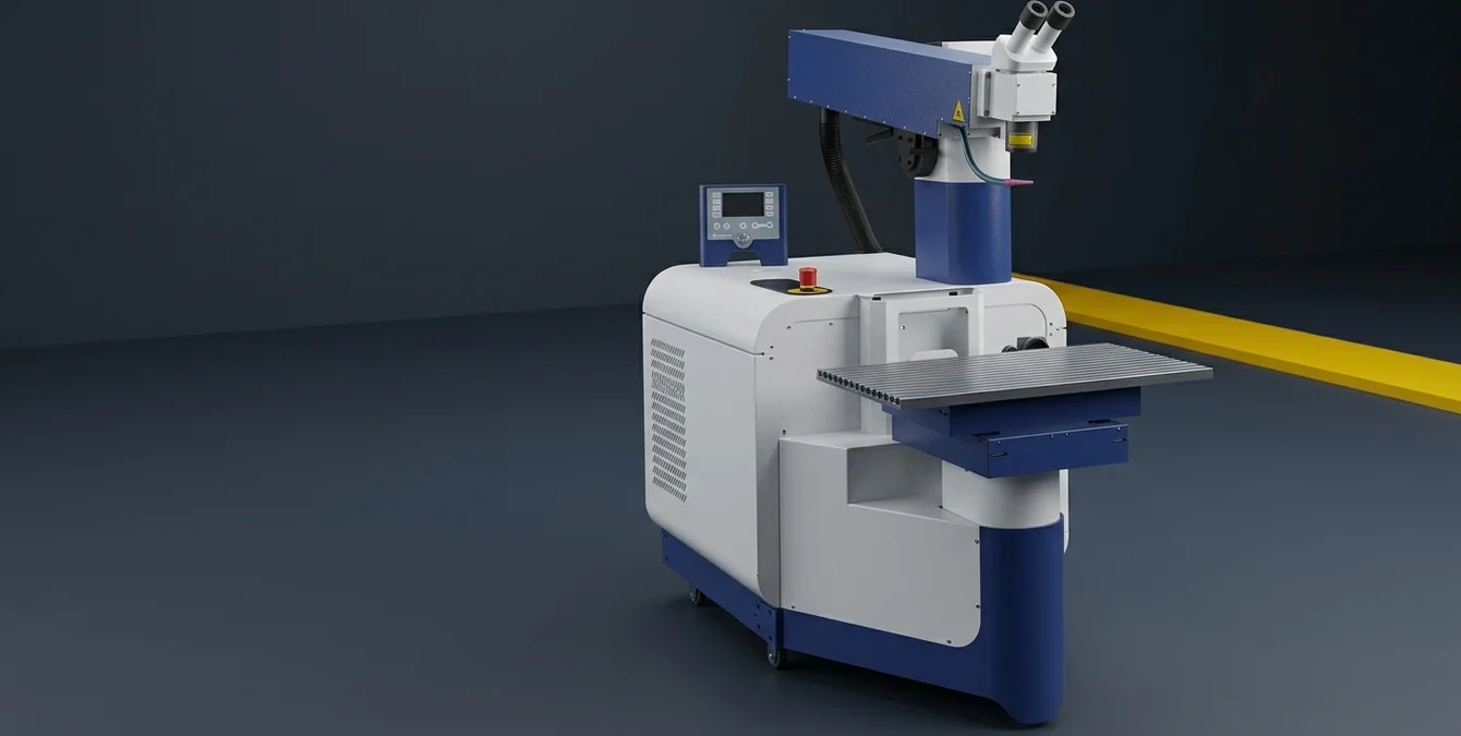 Symbolische Waage mit Metallkugel und Musterplatte als Darstellung der technischen Vorentscheidung bei Laserschweißanlagen Stationäre Nd:YAG-Laserschweißanlage Sidanus Light — die Strahlquelle als technische Vorentscheidung