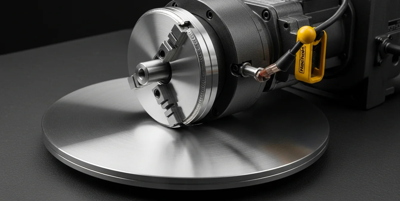 Polished round metal workpiece clamped in rotary chuck showing flawless orbital weld seam with uniform bright silver brushed-steel finish Polished round metal workpiece clamped in rotary chuck showing flawless orbital weld seam with uniform bright silver brushed-steel finish