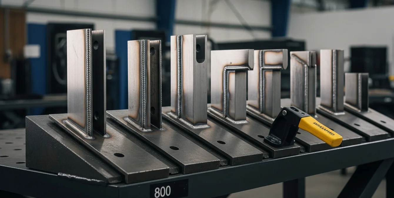Metal test weld samples with flawless uniform weld seams clamped on angled fixture table in premium workshop environment Metal test weld samples with flawless uniform weld seams clamped on angled fixture table in premium workshop environment