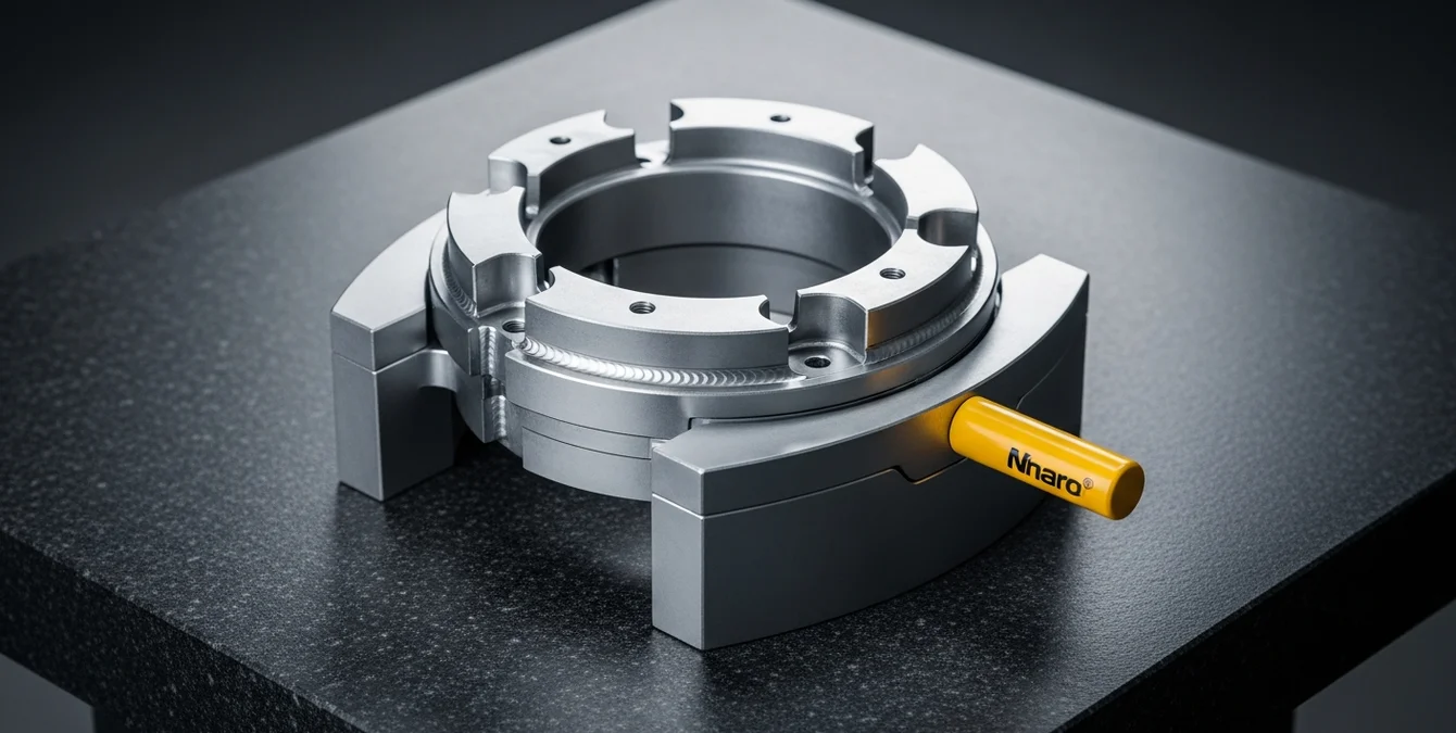 Maßgeschneiderte Spannvorrichtung mit präzise eingespanntem rotationssymmetrischem Metallbauteil auf Granittisch Maßgeschneiderte Spannvorrichtung mit präzise eingespanntem rotationssymmetrischem Metallbauteil auf Granittisch