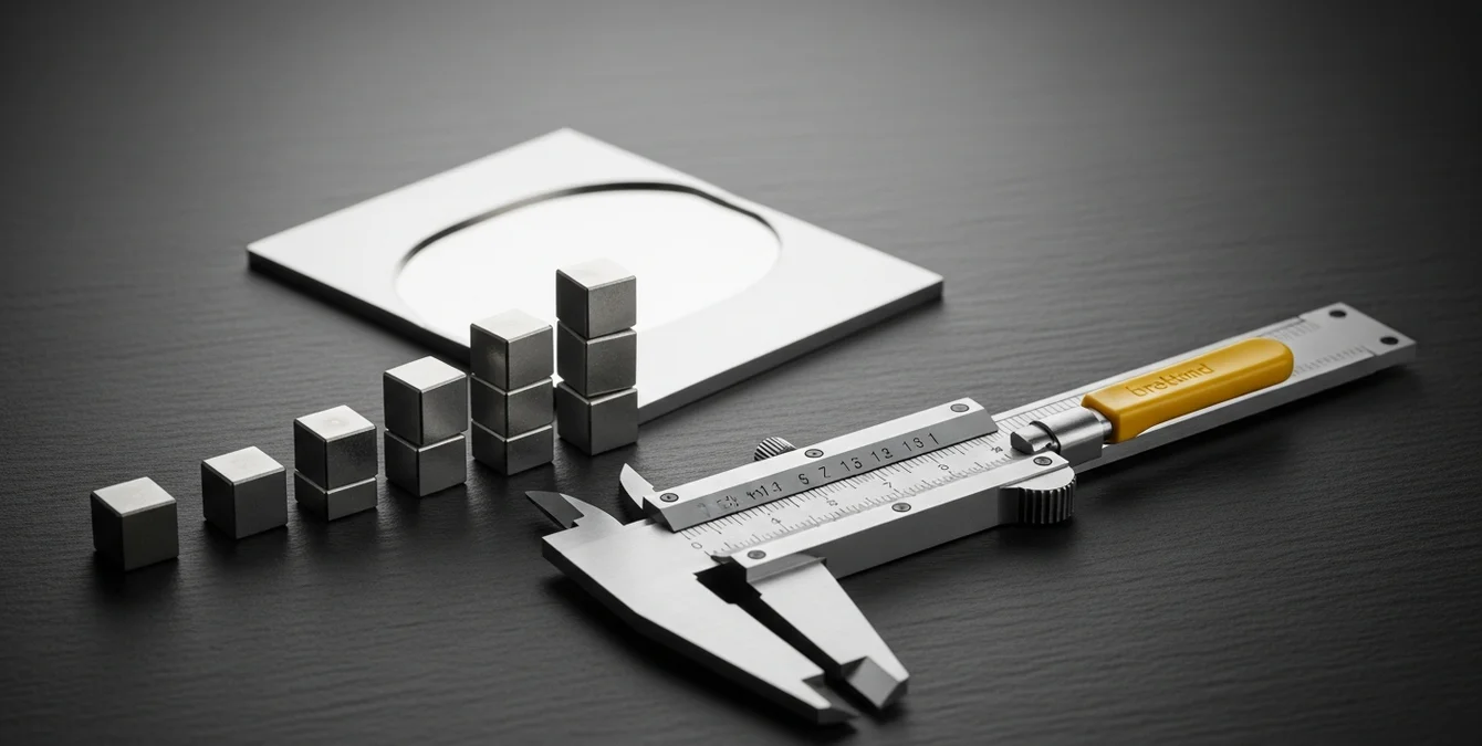 Symbolische Darstellung eines Anforderungsprofils mit Messschieber, Metallproben und aufsteigenden Metallwürfeln auf dunklem Untergrund Symbolische Darstellung eines Anforderungsprofils mit Messschieber, Metallproben und aufsteigenden Metallwürfeln auf dunklem Untergrund
