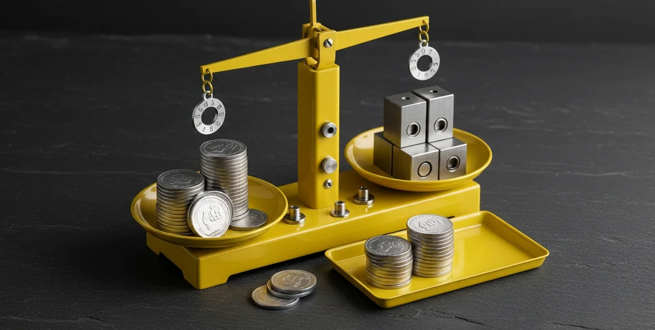 Symbolische Waage mit Münzstapeln und Messblöcken zur Darstellung von Kosteneinsparungen Symbolische Waage mit Münzstapeln und Messblöcken zur Darstellung von Kosteneinsparungen