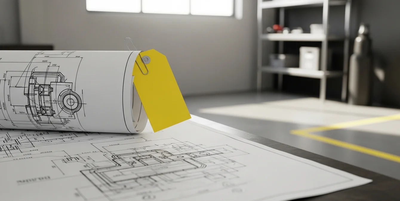 Gelbes Preisschild auf technischem Industrieplan in sauberem Arbeitsbereich Gelbes Preisschild auf technischem Industrieplan in sauberem Arbeitsbereich