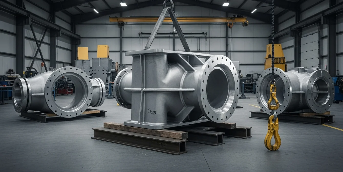 Großes komplexes Metallbauteil mit makellosen Schweißnähten auf Stahlpalette in Werkstatt Großes komplexes Metallbauteil mit makellosen Schweißnähten auf Stahlpalette in Werkstatt