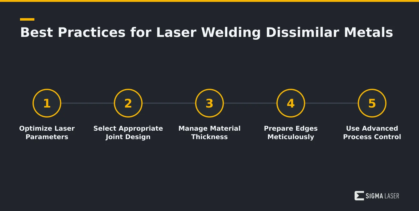 Infographic listing best practices for laser welding dissimilar metals including laser parameter optimization, joint design, thickness management, edge preparat Infographic listing best practices for laser welding dissimilar metals including laser parameter optimization, joint design, thickness management, edge preparat