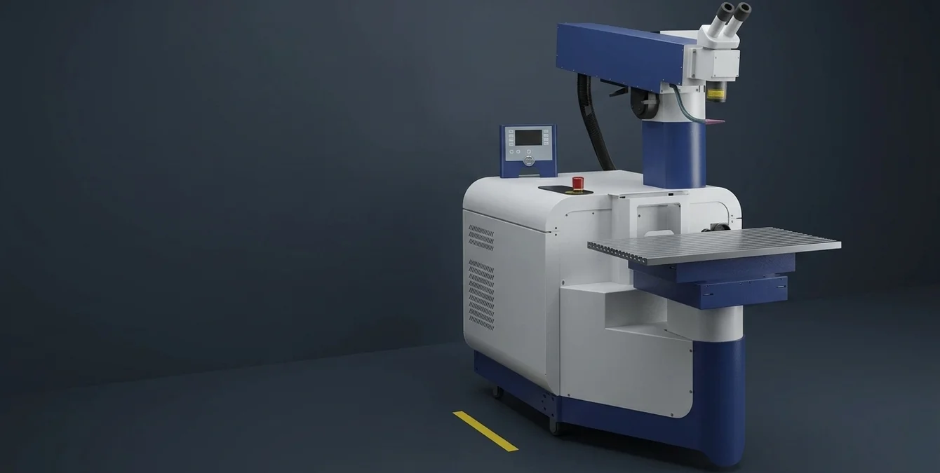 Sidanus Light stationary precision laser welding system in a clean assembly room with yellow floor marking Sidanus Light stationary precision laser welding system in a clean assembly room with yellow floor marking