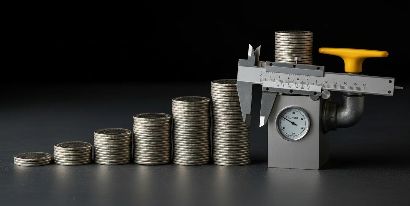 Minimalistic still life of ascending coin stacks and caliper symbolizing cost analysis and ROI Minimalistic still life of ascending coin stacks and caliper symbolizing cost analysis and ROI