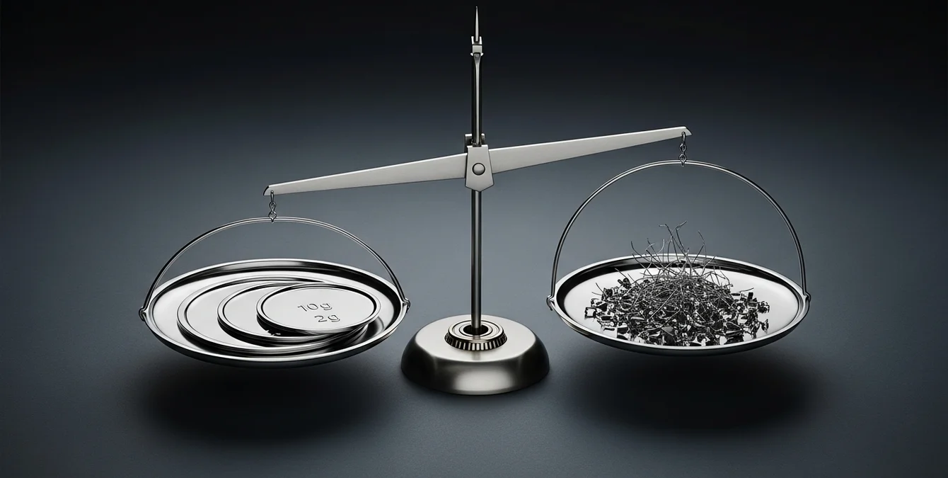 Balance scale symbolizing environmental impact with polished metal on one side and welding waste on the other Balance scale symbolizing environmental impact with polished metal on one side and welding waste on the other