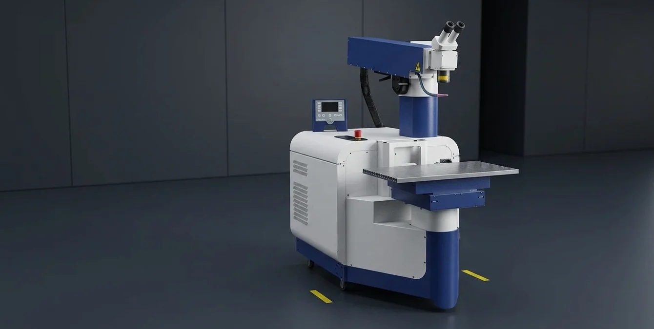 Sidanus Fibre stationary fiber laser system in a clean industrial assembly room with yellow floor marking accent Sidanus Fibre stationary fiber laser system in a clean industrial assembly room with yellow floor marking accent
