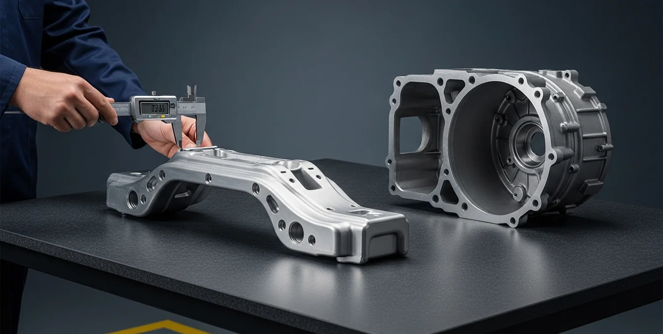 Polished automotive chassis component and aerospace engine casing on granite inspection table with engineer's hands measuring with caliper Polished automotive chassis component and aerospace engine casing on granite inspection table with engineer's hands measuring with caliper