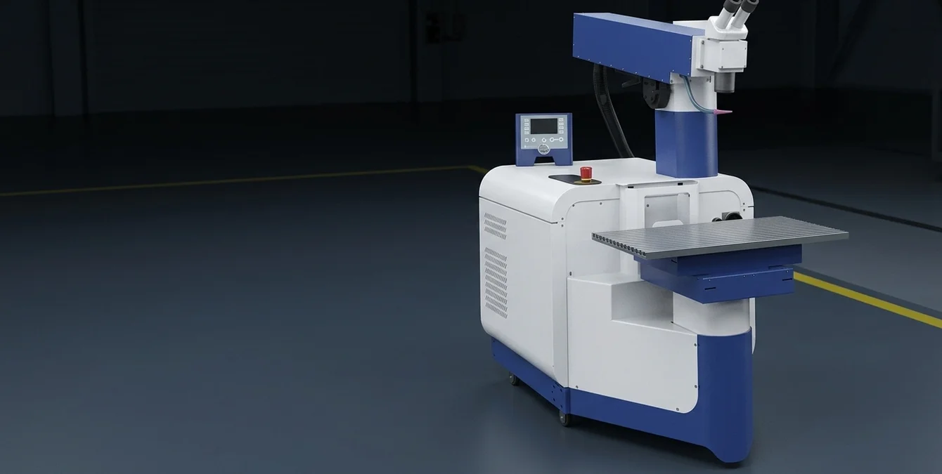 Sidanus Light stationary Nd:YAG laser welding system in a clean industrial assembly area with yellow floor marking Sidanus Light stationary Nd:YAG laser welding system in a clean industrial assembly area with yellow floor marking