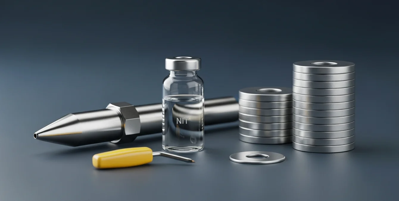 Still life of welding nozzle, nitrogen gas vial, metal washers, and yellow fixture handle symbolizing nitrogen use in laser welding Still life of welding nozzle, nitrogen gas vial, metal washers, and yellow fixture handle symbolizing nitrogen use in laser welding