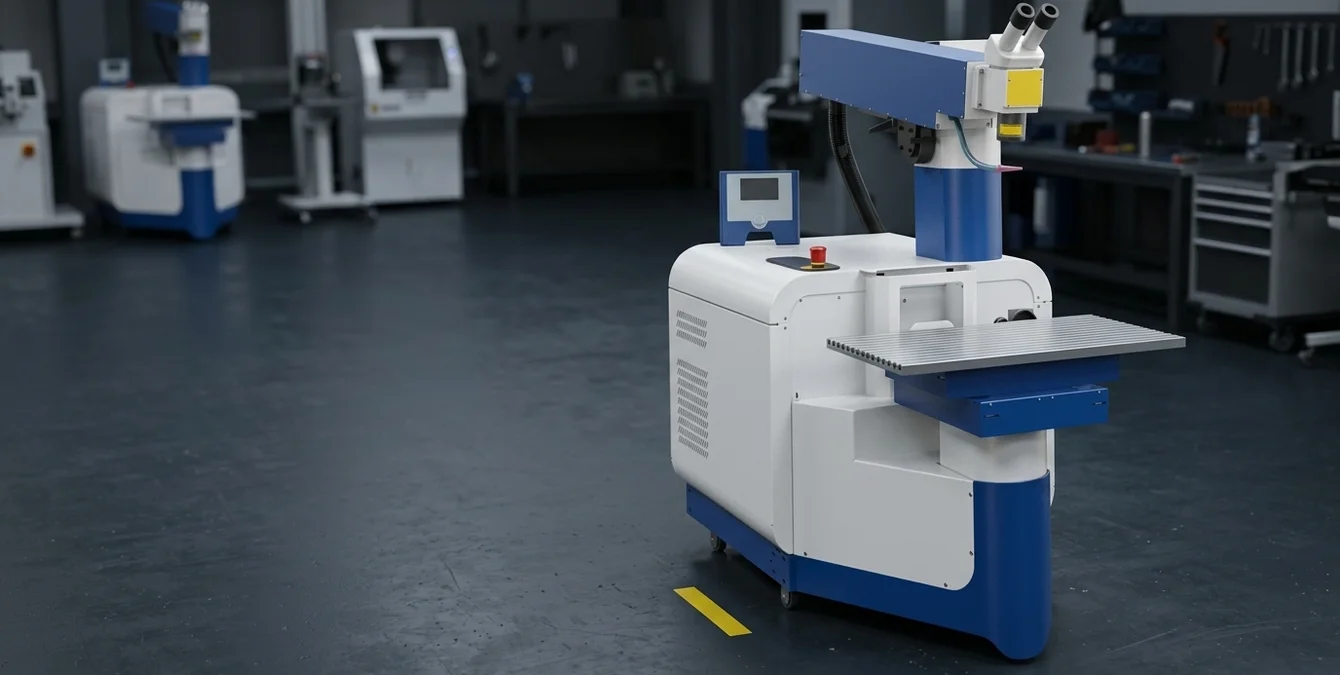 Sidanus Light stationary precision laser welding machine in a dark industrial workshop setting with yellow floor marking Sidanus Light stationary precision laser welding machine in a dark industrial workshop setting with yellow floor marking