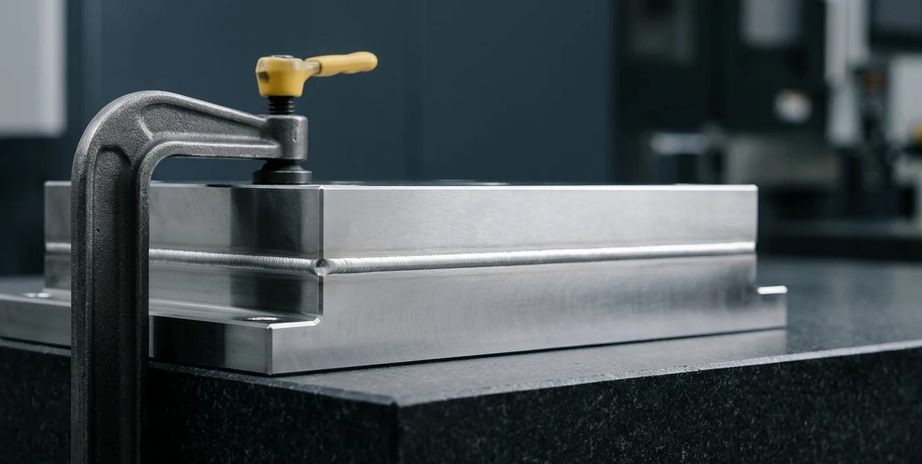 Aresta polida de molde com soldadura laser impecável e acabamento uniforme, fixada numa mesa de inspeção em granito com um punho amarelo Aresta polida de molde com soldadura laser impecável e acabamento uniforme, fixada numa mesa de inspeção em granito com um punho amarelo
