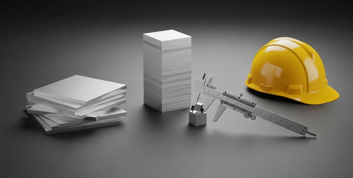 Symbolische Darstellung von Arbeitsschutz und Normeneinhaltung mit Helm, Metallplatten und Messschieber Symbolische Darstellung von Arbeitsschutz und Normeneinhaltung mit Helm, Metallplatten und Messschieber