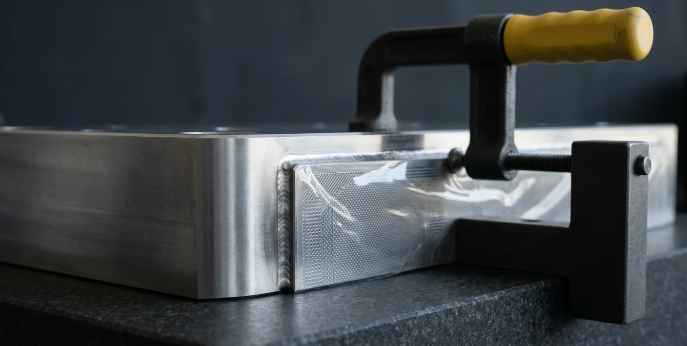 Aresta polida de molde com barreira protetora transparente sobre superfície texturizada adjacente, mostrando soldadura laser impecável e uniforme. Aresta polida de molde com barreira protetora transparente sobre superfície texturizada adjacente, mostrando soldadura laser impecável e uniforme.