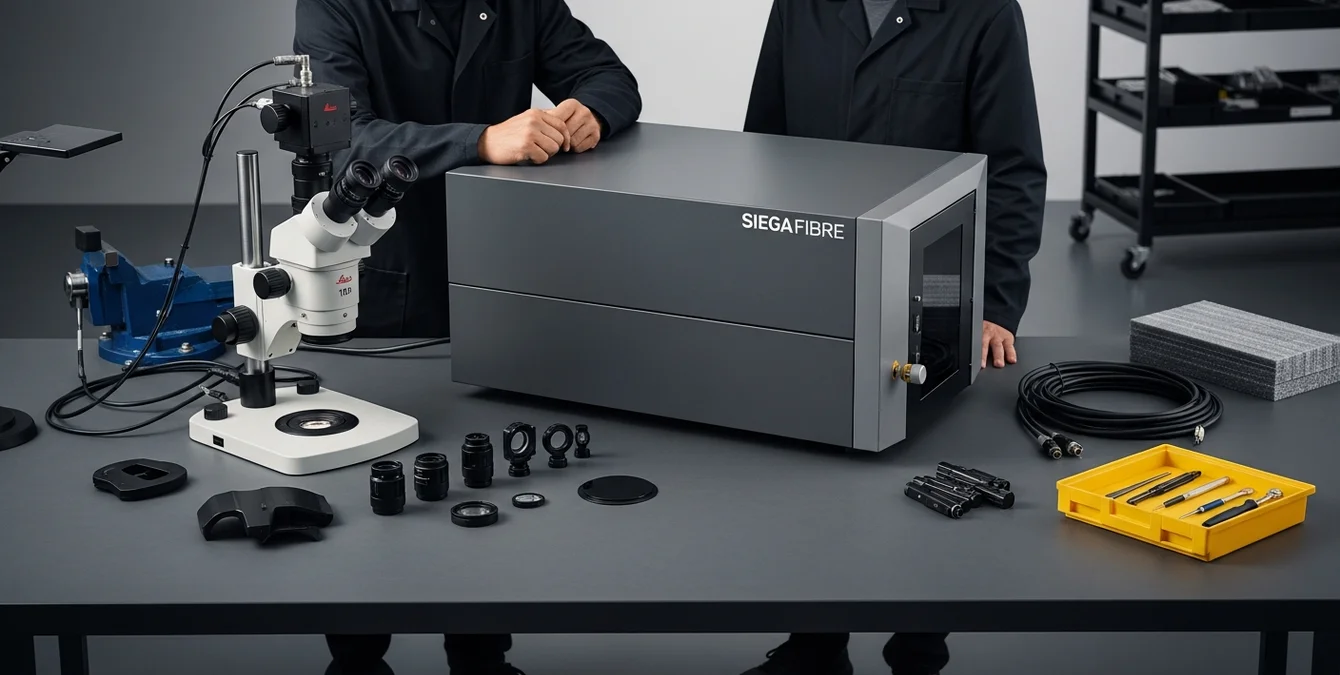 Unboxing und Sichtprüfung der Siega Fibre mit optischen Komponenten und Zubehör auf Werkbank Unboxing und Sichtprüfung der Siega Fibre mit optischen Komponenten und Zubehör auf Werkbank