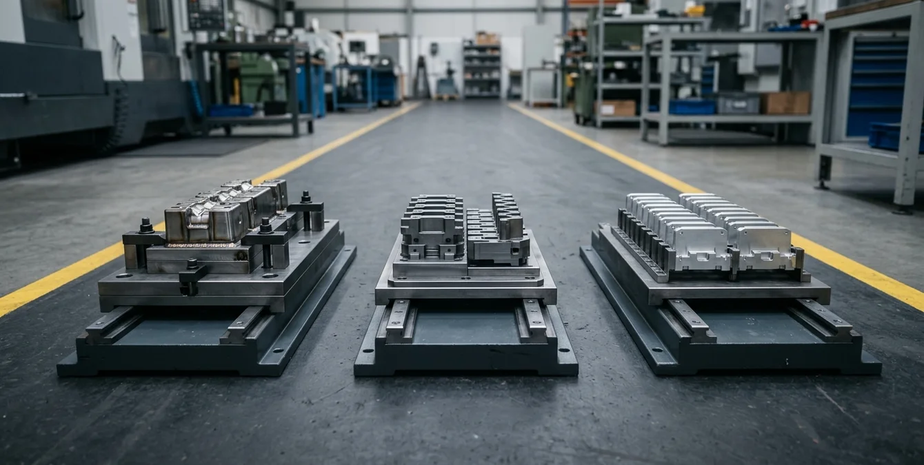 Industrieszene mit drei Einschubmodulen in verschiedenen Arbeitsphasen, sauber geschweißte Bauteile auf dunklem Boden mit gelber Markierung Industrieszene mit drei Einschubmodulen in verschiedenen Arbeitsphasen, sauber geschweißte Bauteile auf dunklem Boden mit gelber Markierung