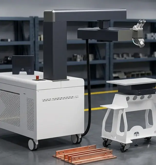 Mobile Faserlaserschweißanlage sineo fibre in sauberer Werkstatt mit Kupfer-Busbars im Vordergrund
