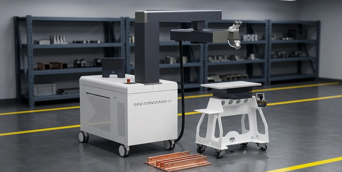 Mobile Faserlaserschweißanlage sineo fibre in sauberer Werkstatt mit Kupfer-Busbars im Vordergrund Mobile Faserlaserschweißanlage sineo fibre in sauberer Werkstatt mit Kupfer-Busbars im Vordergrund