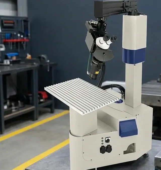 Compact stationary fibre laser welding machine in a tidy workshop with a precision caliper and yellow floor marking line Compact stationary fibre laser welding machine in a tidy workshop with a precision caliper and yellow floor marking line