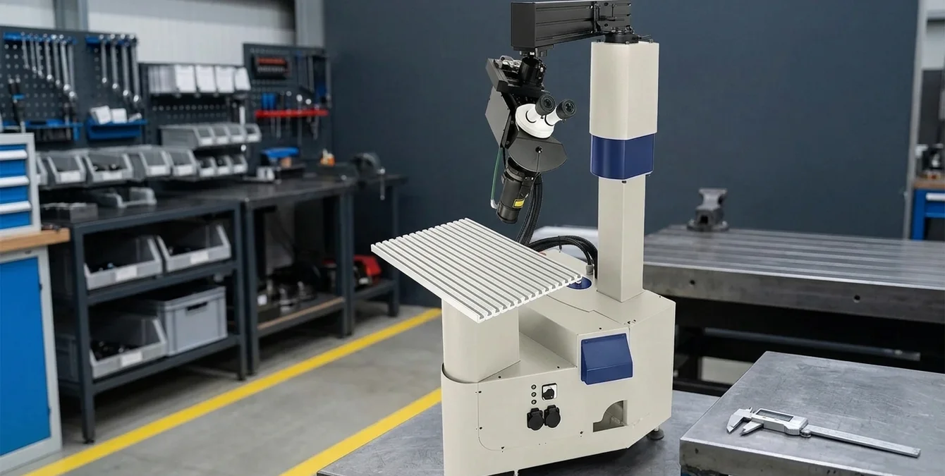 Compact stationary fibre laser welding machine in a tidy workshop with a precision caliper and yellow floor marking line Compact stationary fibre laser welding machine in a tidy workshop with a precision caliper and yellow floor marking line