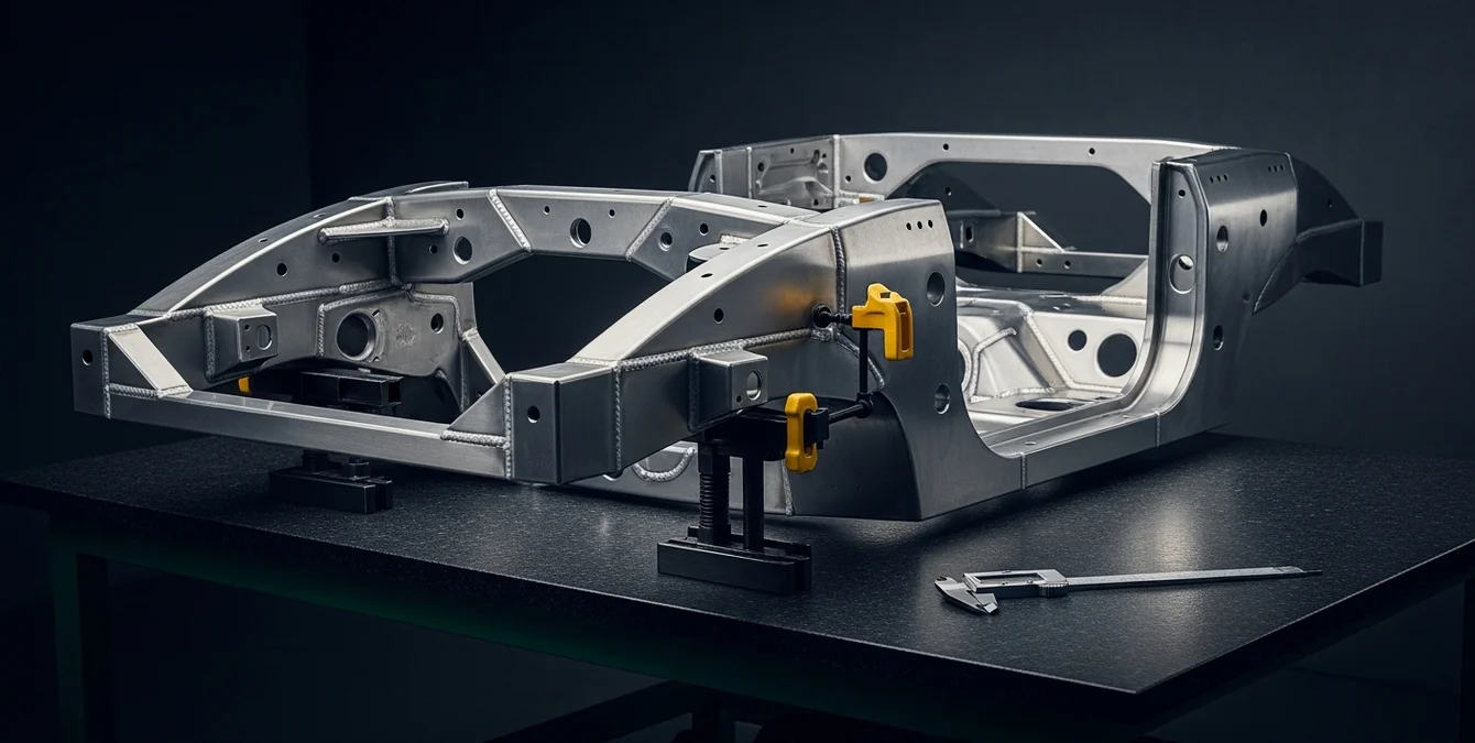 Polished lightweight aluminum vehicle frame with immaculate laser weld seams clamped on granite inspection table with caliper and yellow fixture handle Polished lightweight aluminum vehicle frame with immaculate laser weld seams clamped on granite inspection table with caliper and yellow fixture handle