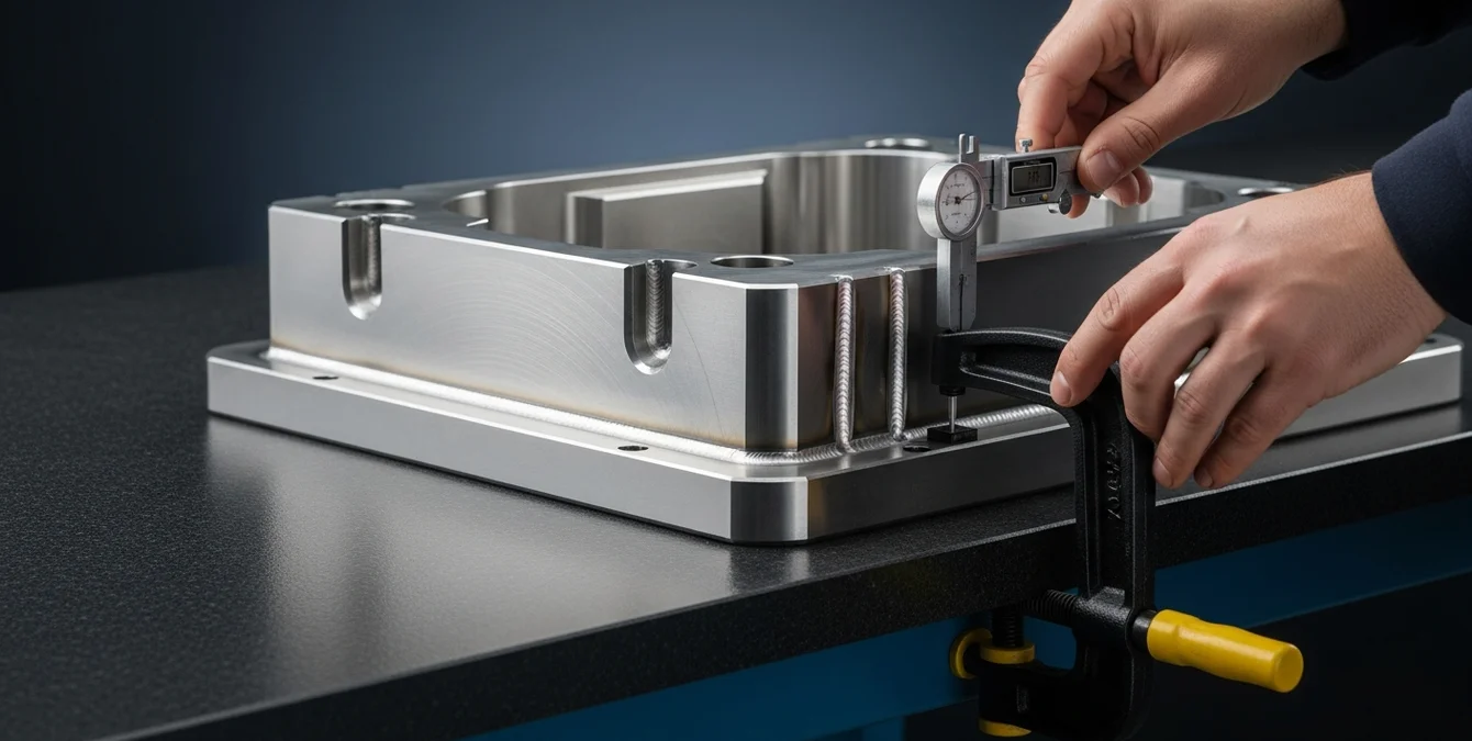 Polished tool steel automotive die clamped on granite table with technician hands measuring near immaculate weld seam Polished tool steel automotive die clamped on granite table with technician hands measuring near immaculate weld seam