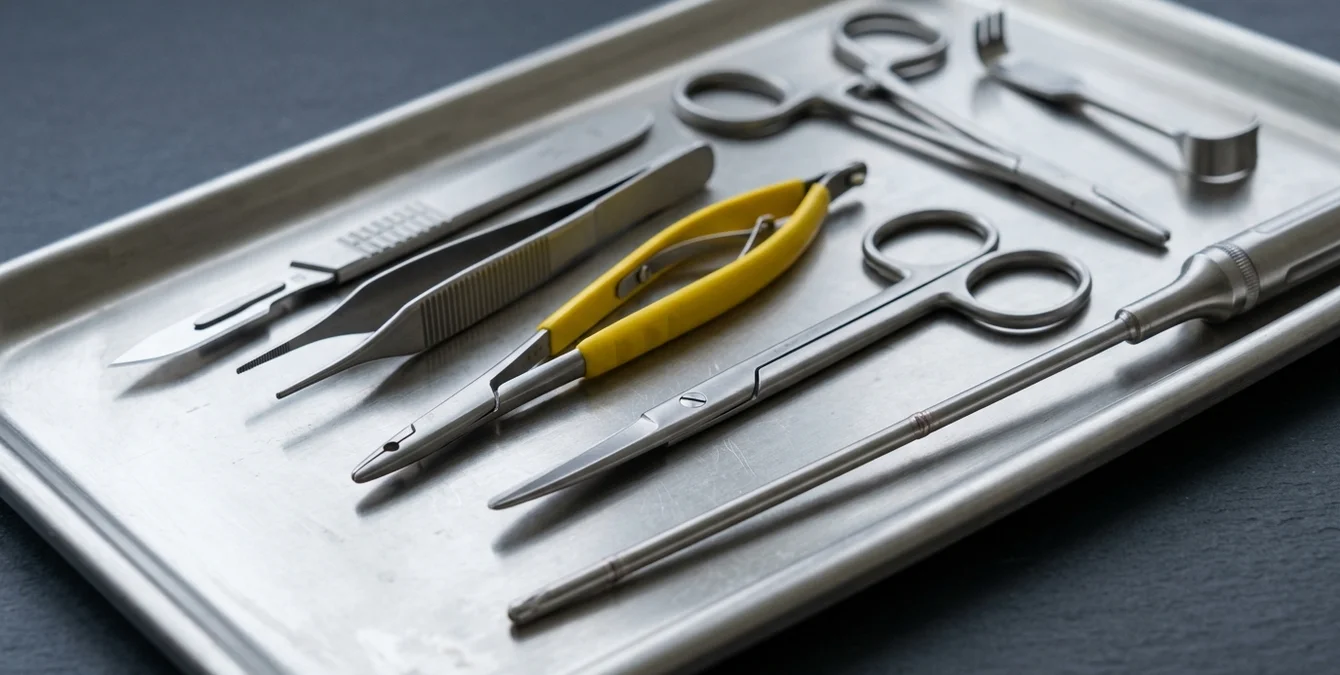 Nahaufnahme eines Tabletts mit laser-geschweißten chirurgischen Instrumenten aus Edelstahl auf dunkelgrauem Untergrund Nahaufnahme eines sterilen Instrumententabletts mit chirurgischen Instrumenten aus Edelstahl: Skalpell, Pinzette, Nadelhalter, Schere und Schaftinstrument