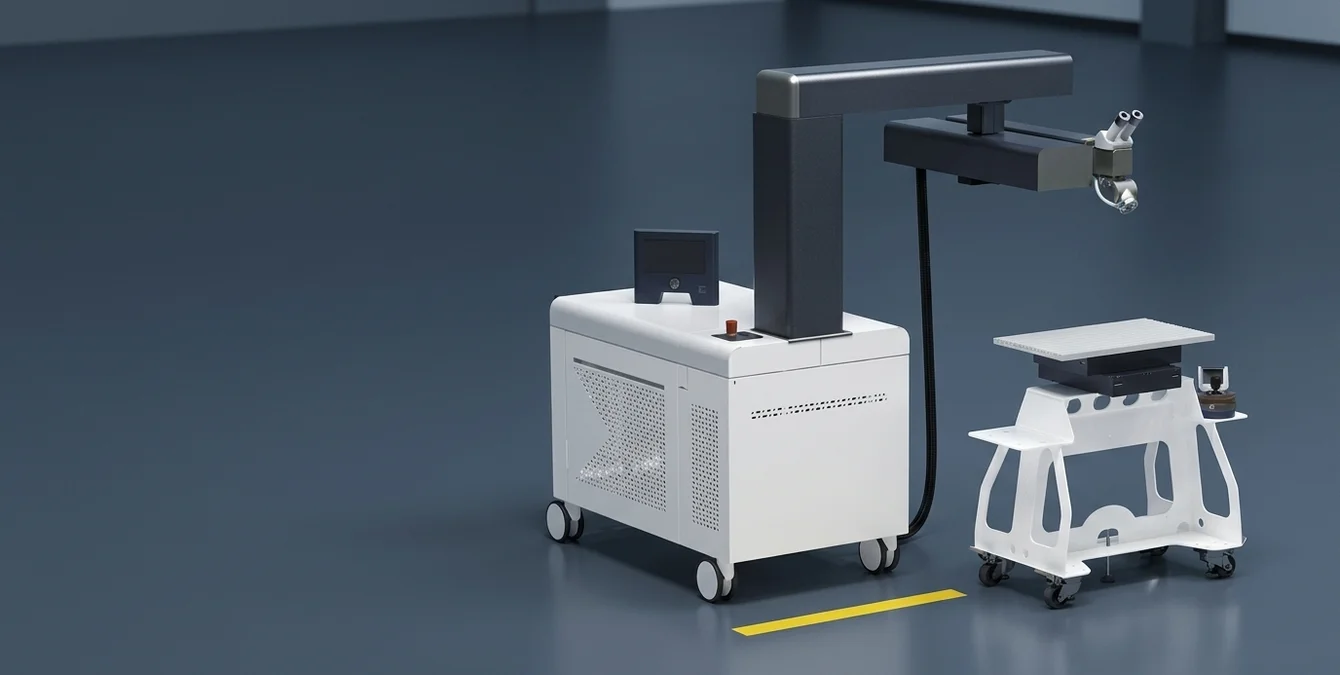 Sistema móvel de soldadura laser Sineo Light numa oficina industrial escura com linha amarela no chão Sistema móvel de soldadura laser Sineo Light numa oficina industrial escura com linha amarela no chão