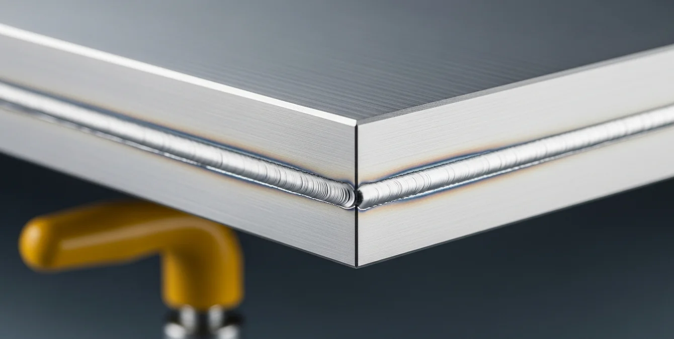 Cordão de soldadura laser impecável numa placa de aço para ferramentas 1.2344, com superfície uniforme e tom prateado brilhante Cordão de soldadura laser impecável numa placa de aço para ferramentas 1.2344, com superfície uniforme e tom prateado brilhante