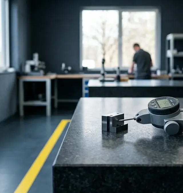 Präzises Messgerät auf Granittisch in sauberem Inspektionsraum mit gelber Bodenmarkierung Präzises Messgerät auf Granittisch in sauberem Inspektionsraum mit gelber Bodenmarkierung