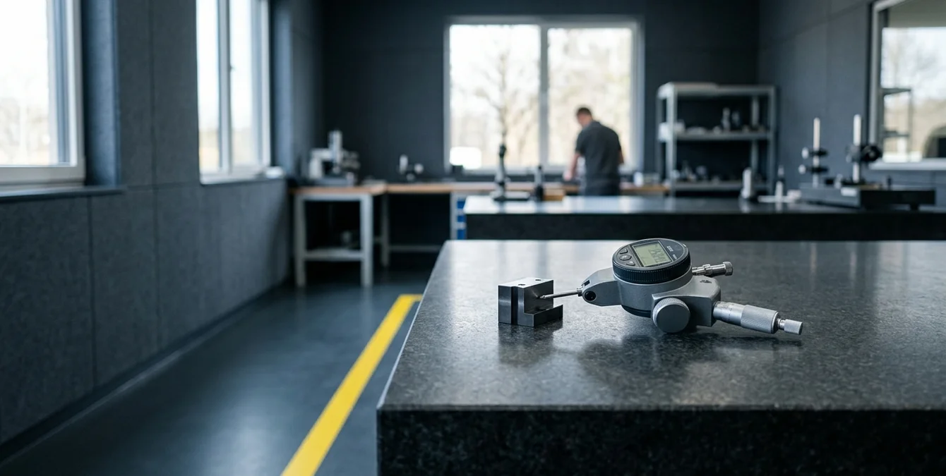 Präzises Messgerät auf Granittisch in sauberem Inspektionsraum mit gelber Bodenmarkierung Präzises Messgerät auf Granittisch in sauberem Inspektionsraum mit gelber Bodenmarkierung