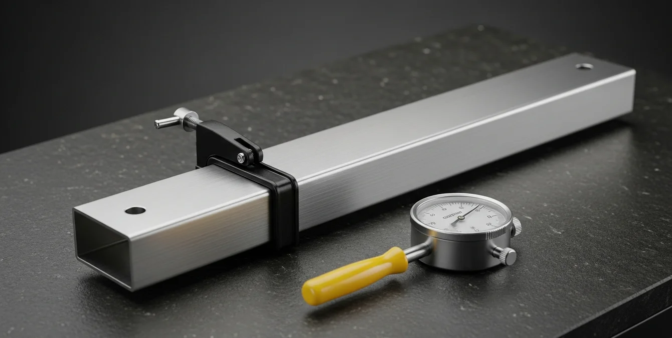 Nahaufnahme eines polierten Batterie-Stromschienenbauteils auf Granittisch mit Messuhr und gelbem Haltegriff Nahaufnahme eines polierten Batterie-Stromschienenbauteils auf Granittisch mit Messuhr und gelbem Haltegriff