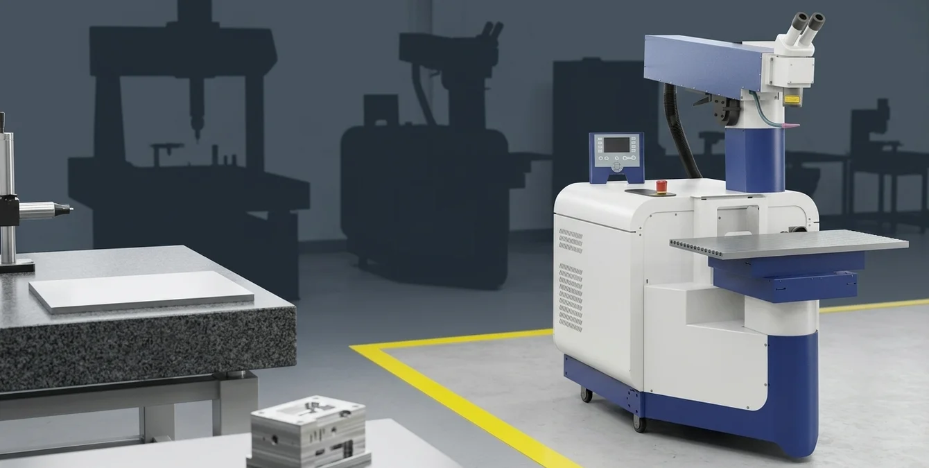 Máquina laser Nd:YAG estacionária ao lado de uma mesa de medição com peça de molde para reparação Máquina laser Nd:YAG estacionária ao lado de uma mesa de medição com peça de molde para reparação