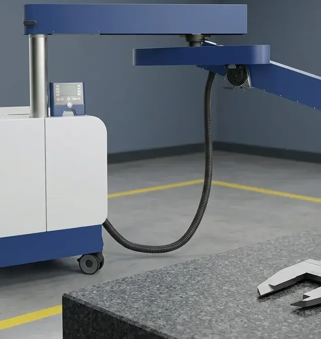 Stationäres Faserlasersystem in sauberem Messraum mit gelber Bodenmarkierung Stationäres Faserlasersystem in sauberem Messraum mit gelber Bodenmarkierung