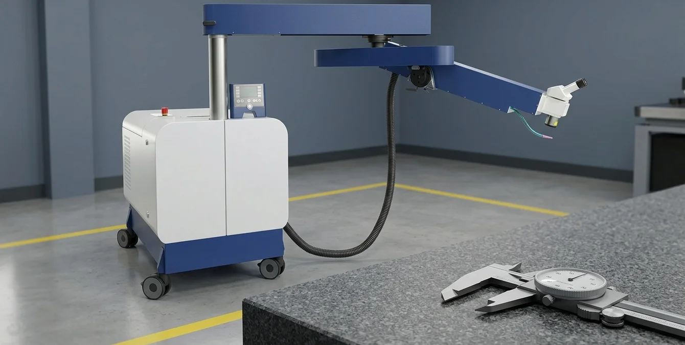 Stationäres Faserlasersystem in sauberem Messraum mit gelber Bodenmarkierung Stationäres Faserlasersystem in sauberem Messraum mit gelber Bodenmarkierung