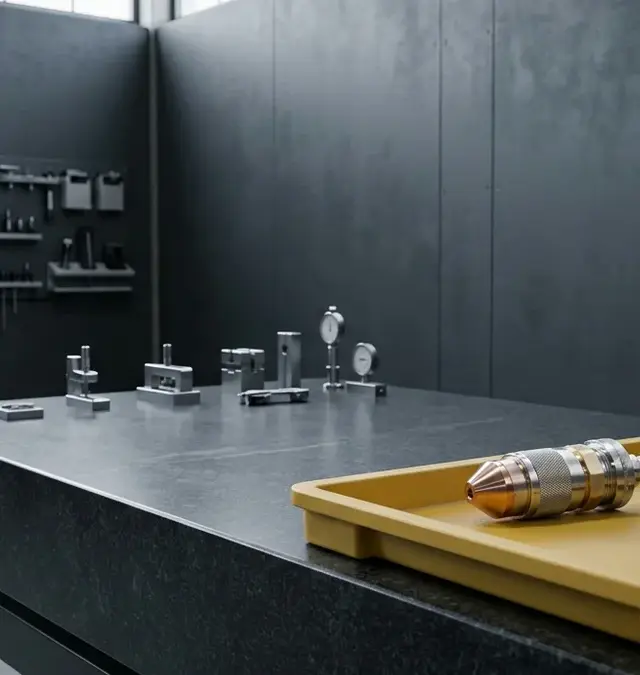 Yellow tool tray with laser welding nozzle on granite inspection table in clean industrial room Yellow tool tray with laser welding nozzle on granite inspection table in clean industrial room