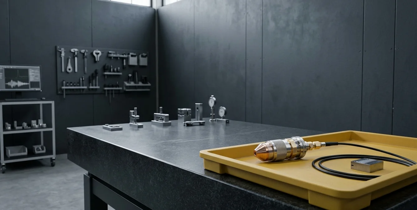 Yellow tool tray with laser welding nozzle on granite inspection table in clean industrial room Yellow tool tray with laser welding nozzle on granite inspection table in clean industrial room
