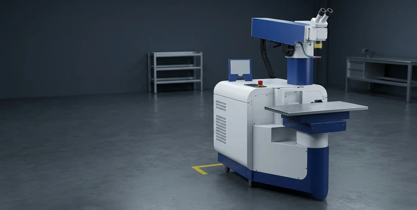 Side view of stationary Sidanus Fibre laser welding machine in clean assembly area with yellow floor marking accent Side view of stationary Sidanus Fibre laser welding machine in clean assembly area with yellow floor marking accent