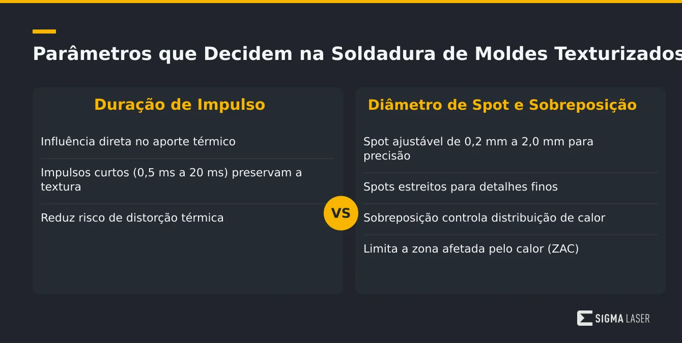 Infográfico comparativo dos parâmetros de soldadura: duração de impulso versus diâmetro de spot e sobreposição, destacando impacto na textura do molde Infográfico comparativo dos parâmetros de soldadura: duração de impulso versus diâmetro de spot e sobreposição, destacando impacto na textura do molde