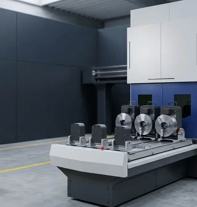 Simass slide automation laser welding module in clean workshop with yellow floor marking and metallic automotive part Simass slide automation laser welding module in clean workshop with yellow floor marking and metallic automotive part