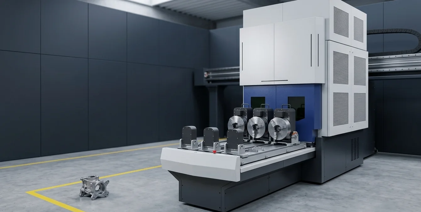 Simass slide automation laser welding module in clean workshop with yellow floor marking and metallic automotive part Simass slide automation laser welding module in clean workshop with yellow floor marking and metallic automotive part