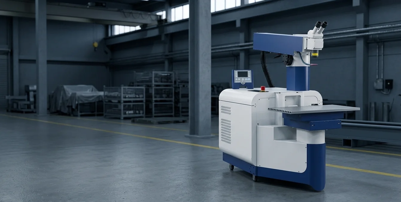 Stationary high-precision fibre laser welding system in dark industrial workshop with yellow floor marking Stationary high-precision fibre laser welding system in dark industrial workshop with yellow floor marking