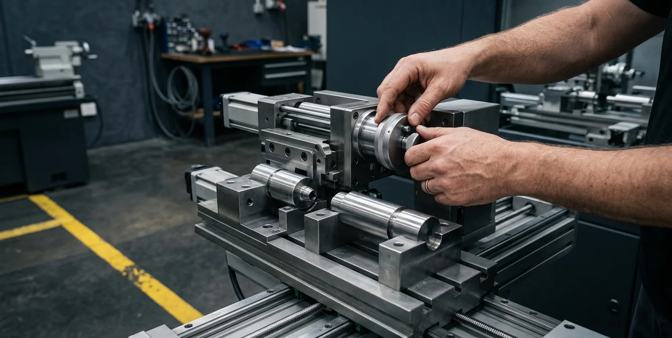 Industrielle Szene eines Multi-Slide-Workflows bei Trockenlauf mit Bedienerhand an Drehvorrichtung Industrielle Szene eines Multi-Slide-Workflows bei Trockenlauf mit Bedienerhand an Drehvorrichtung